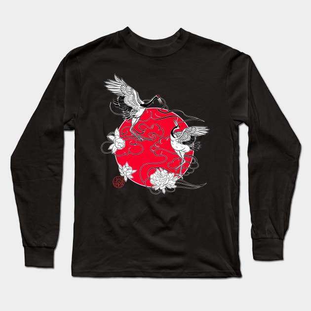 Cranes in love and Japanese peonies Long Sleeve T-Shirt by Ukiyograph